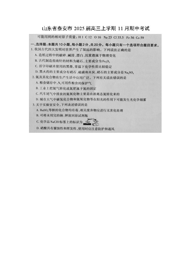 2025届山东省泰安市高三(上)11月期中考试（图片版）化学试卷第1页