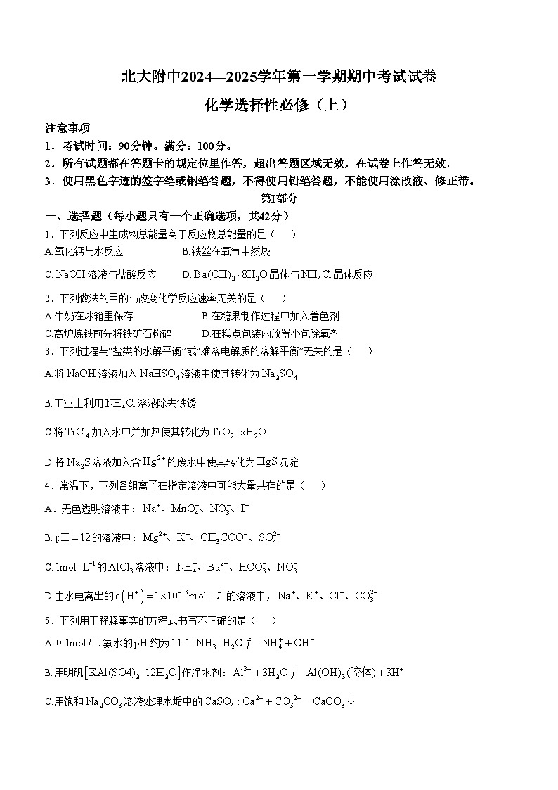 北京市北京大学附属中学2024-2025学年高二上学期期中考试化学试题第1页