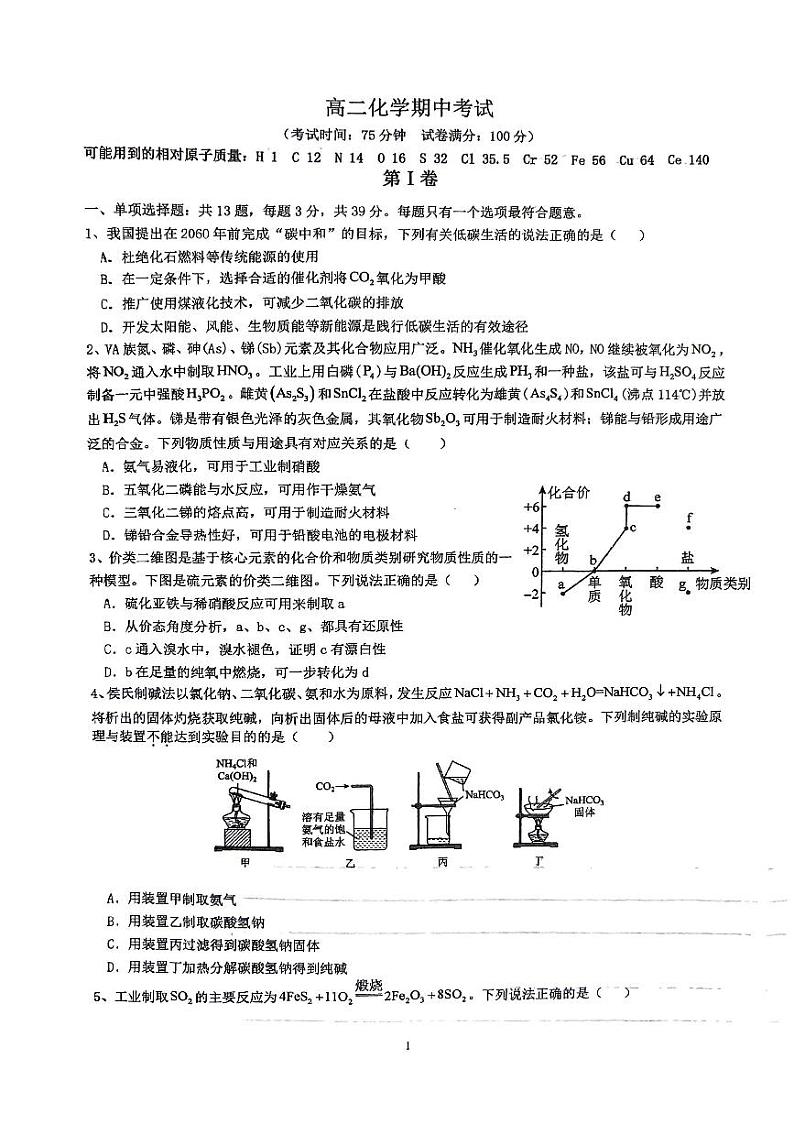 江苏省泰州市海陵区民兴实验中学2024～2025学年高二上学期期中考试化学试卷第1页