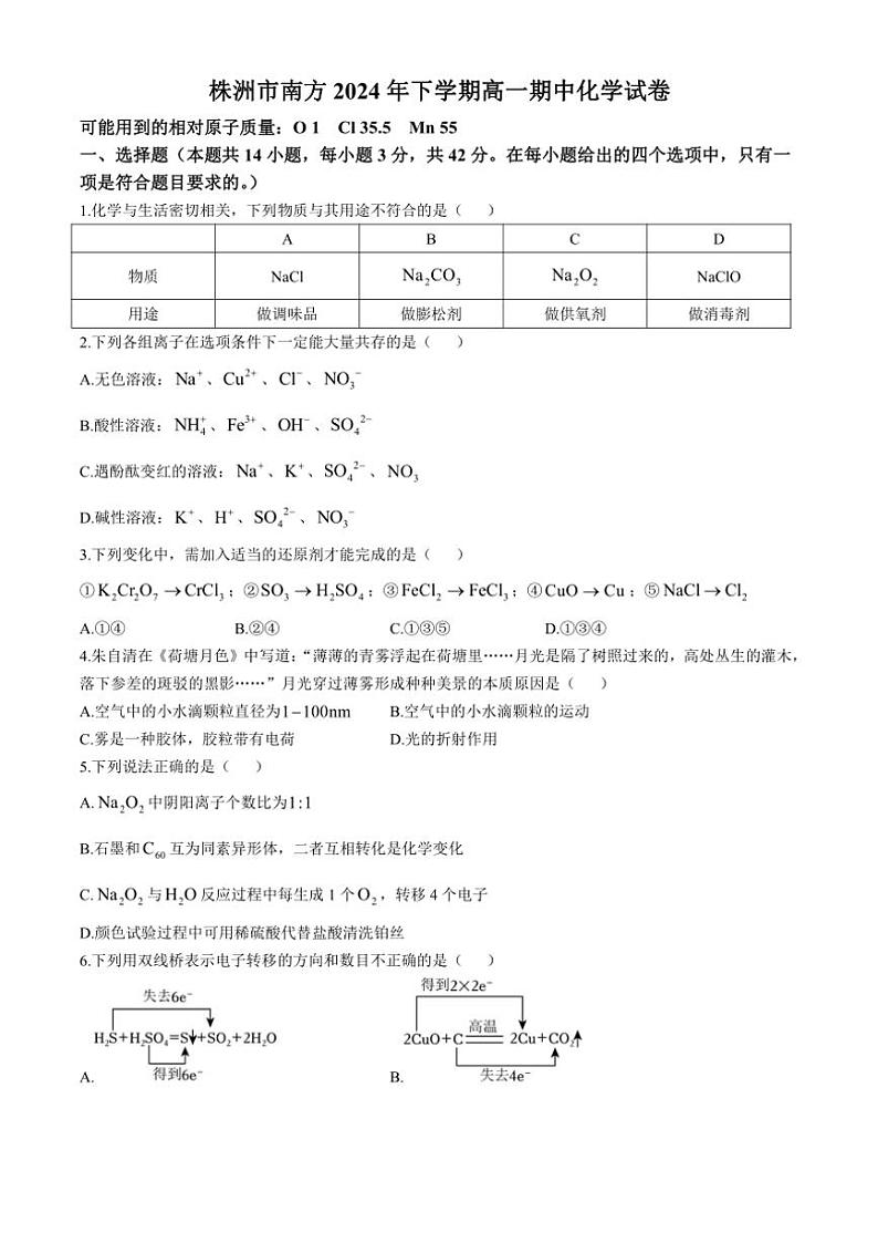 2024～2025学年湖南省株洲市南方中学高一(上)期中化学试卷(含答案)第1页