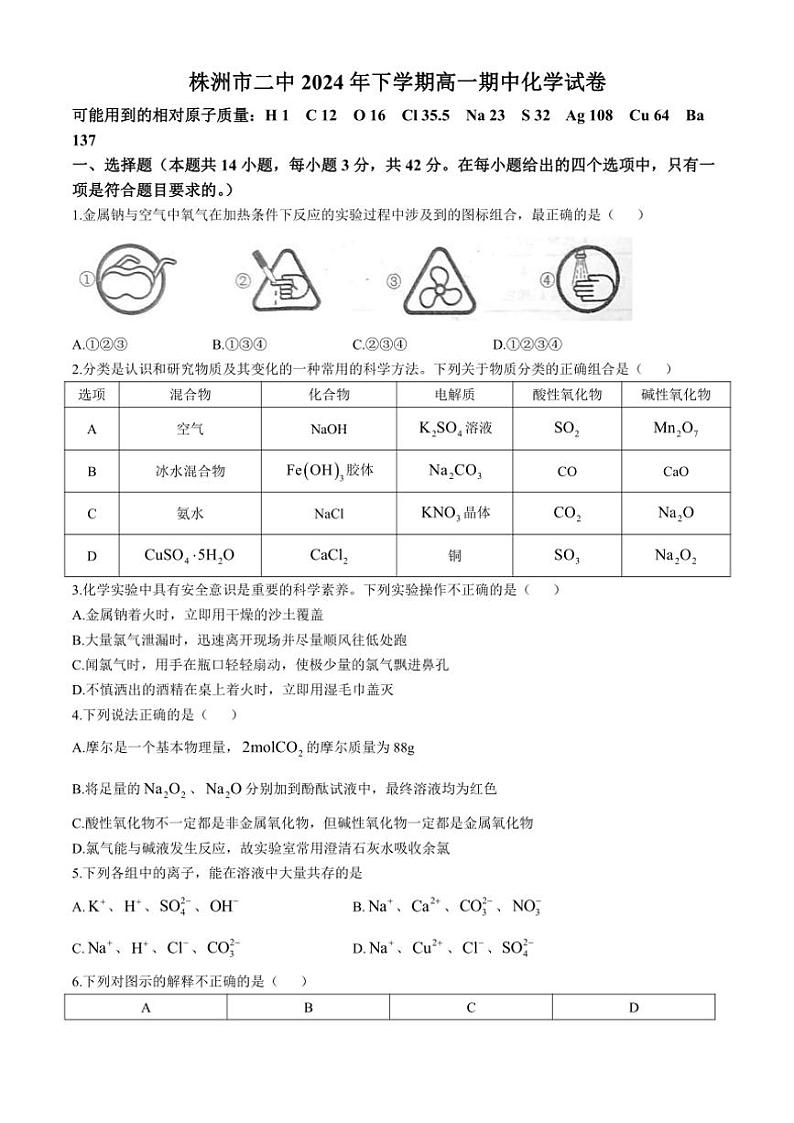 2024～2025学年湖南省株洲市第二中学高一(上)期中化学试卷(含答案)第1页