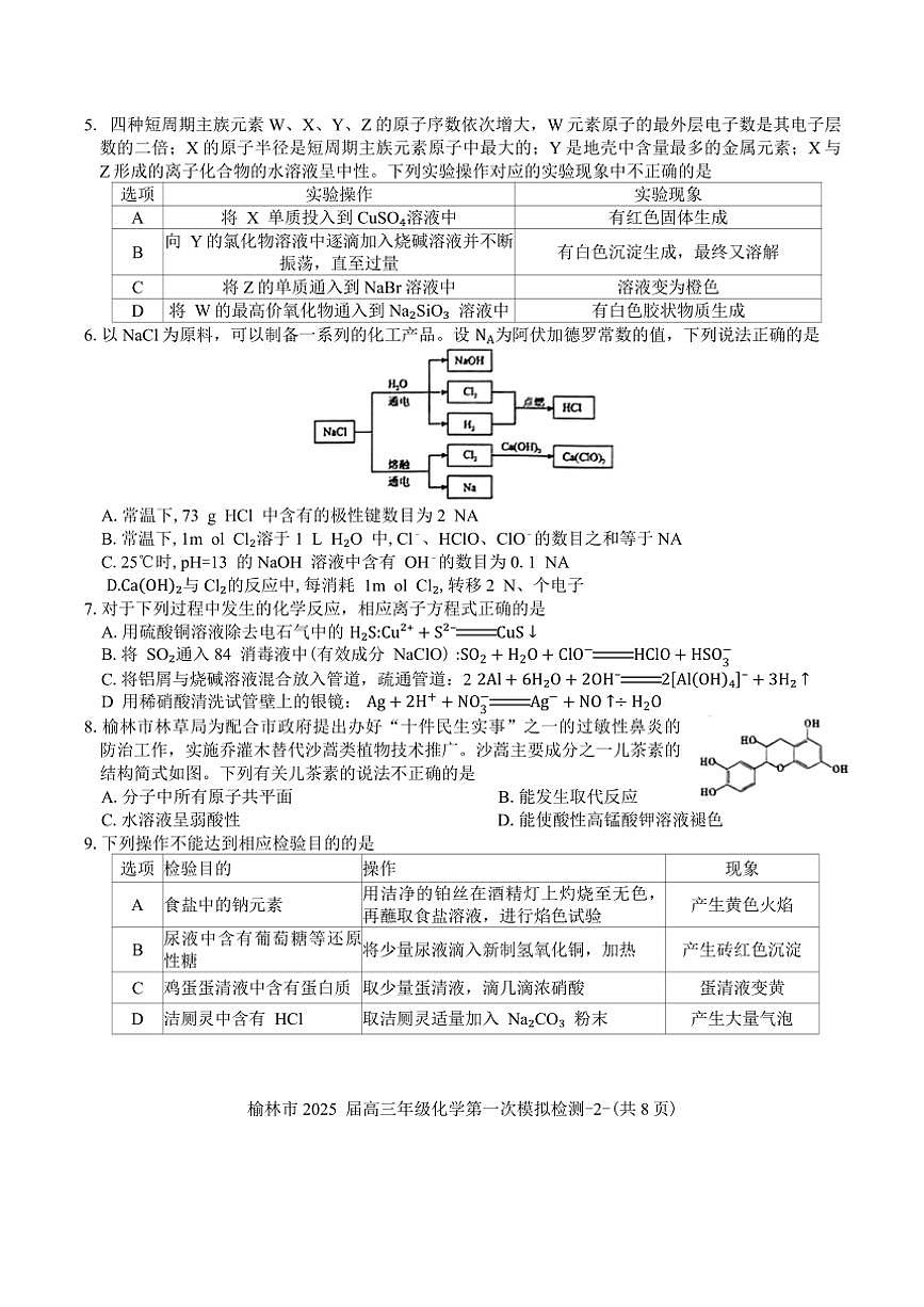 2025届陕西省榆林市高三年级一模化学试卷(含答案)第2页