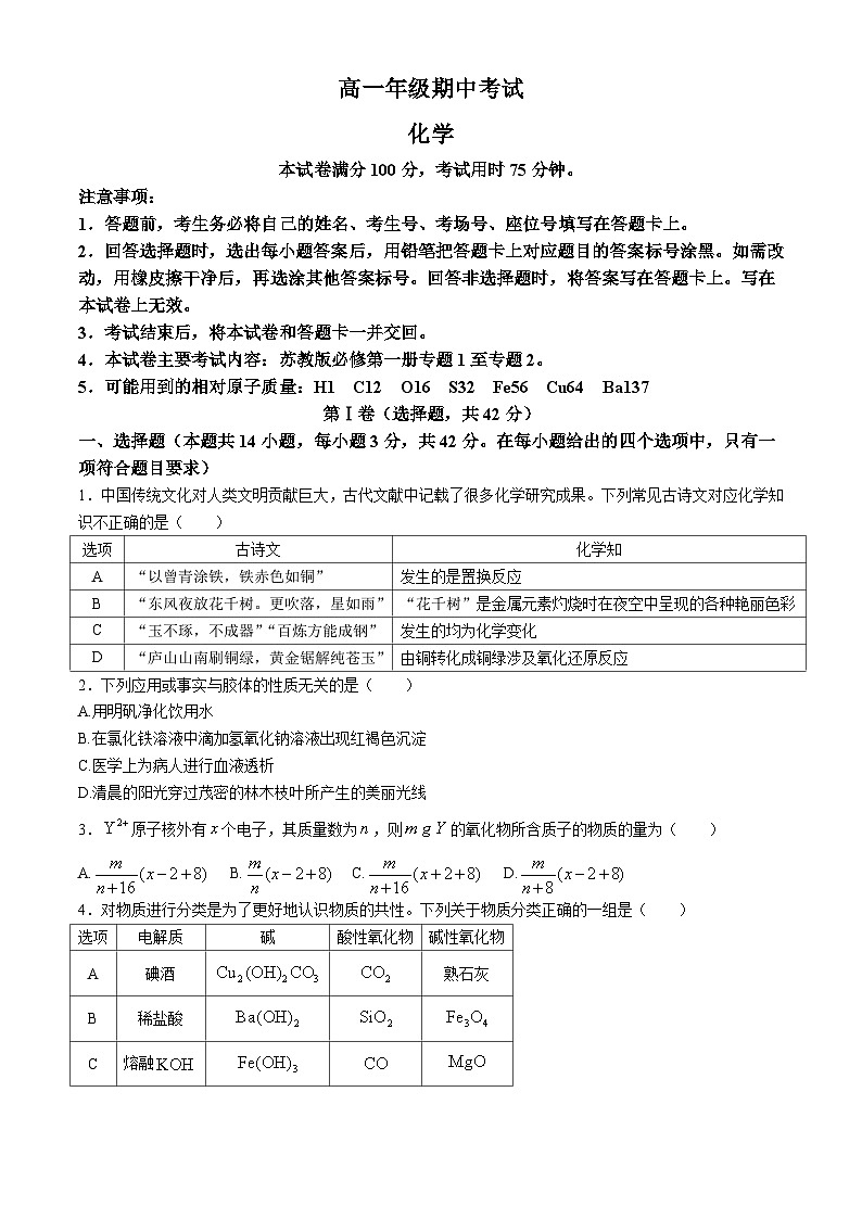 河北省沧州市沧县中学2024-2025学年高一上学期11月期中考试 化学试题第1页
