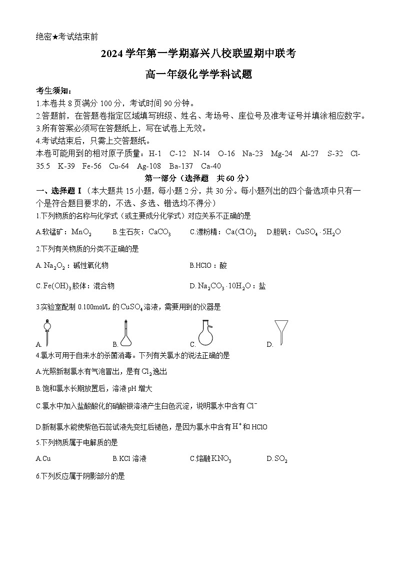 浙江省嘉兴八校联盟2024-2025学年高一上学期期中考试 化学试题第1页