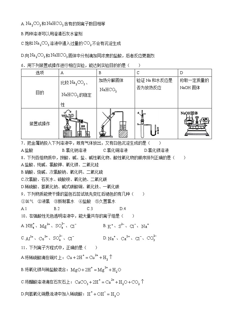 山东省青岛海尔学校2024-2025学年高一上学期期中考试 化学试题(无答案)第2页