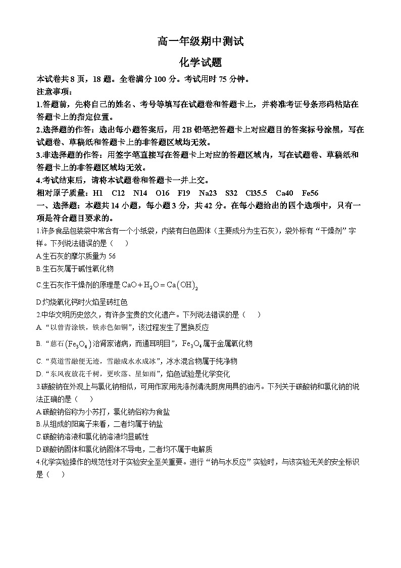 云南省昆明市寻甸回族彝族自治县第一中学2024-2025学年高一上学期11月期中化学试题01