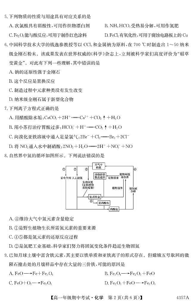 云南省会泽县茚旺高级中学2024-2025学年高一上学期期中考试+化学试题第2页