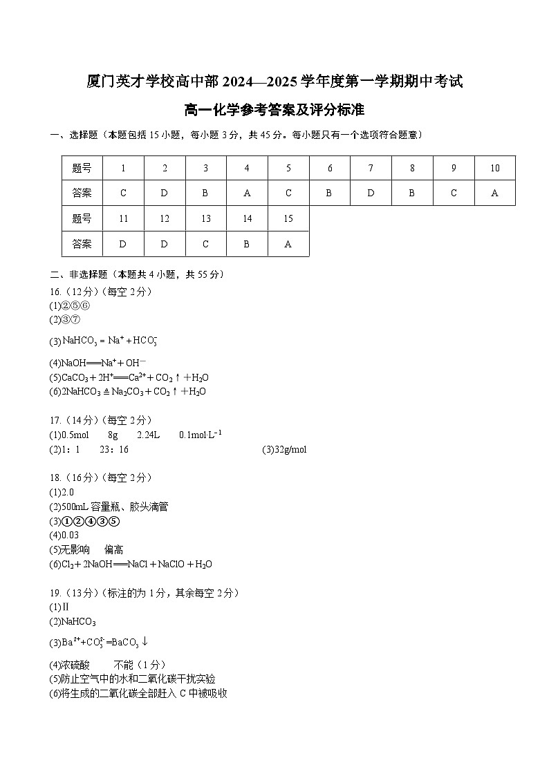 厦门英才学校高中部2024—2025学年度第一学期期中考试高一平行班化学参考答案及评分标准第1页