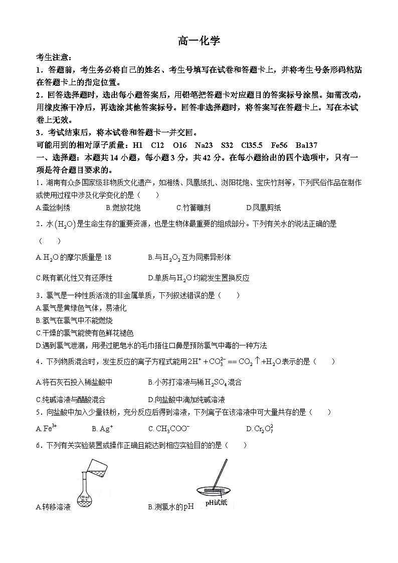 湖南省2024-2025学年高一上学期11月期中化学试题(无答案)第1页
