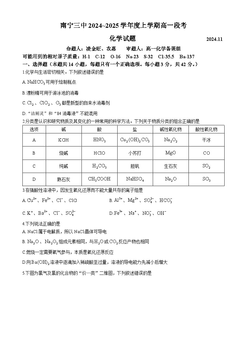 广西南宁市第三中学2024-2025学年高一上学期期中段考 化学试题(无答案)第1页