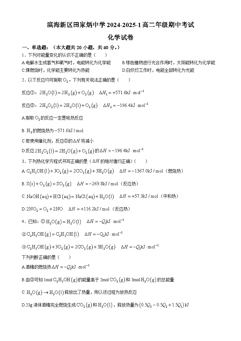 天津市滨海新区田家炳中学2024-2025学年高二上学期期中考试  化学试题第1页