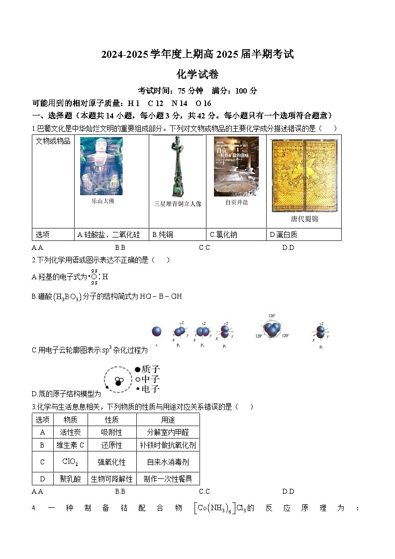 四川省成都市第七中学2024-2025学年高三上学期11月期中考试 化学试题01