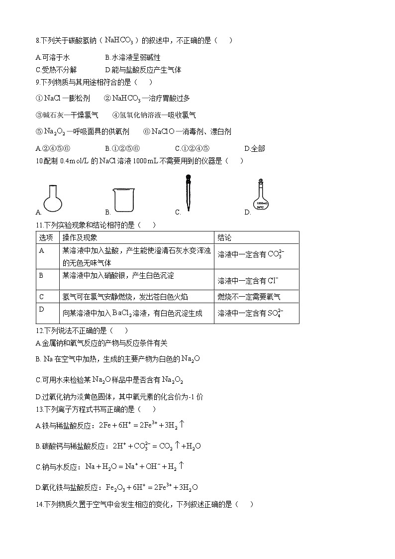 北京市海淀区教师进修学校附属实验学校2024-2025学年高一上学期期中考试  化学试题02