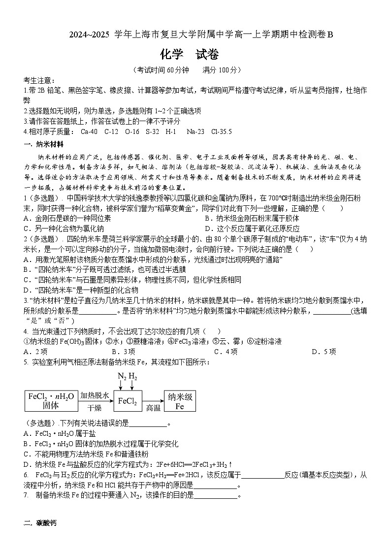 上海市复旦大学附属中学2024-2025学年高一上学期11月期中考试 化学试题01