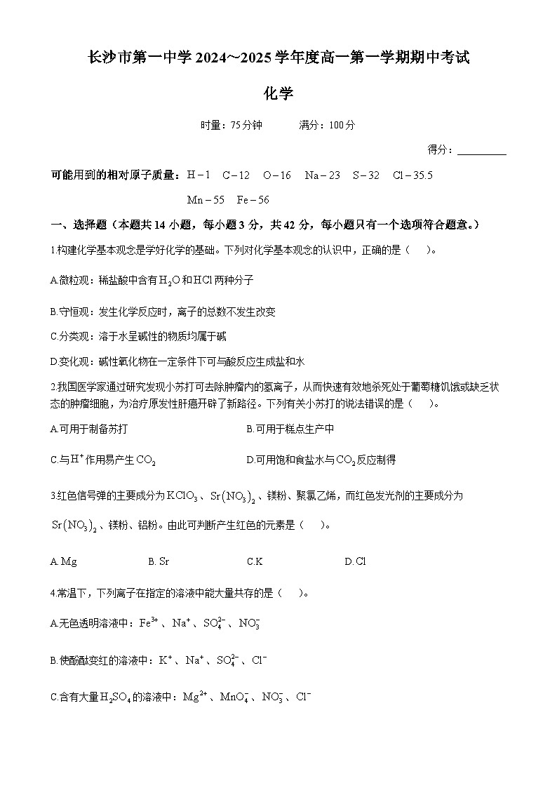 湖南省长沙市第一中学2024-2025学年高一上学期 期中考试化学试卷第1页