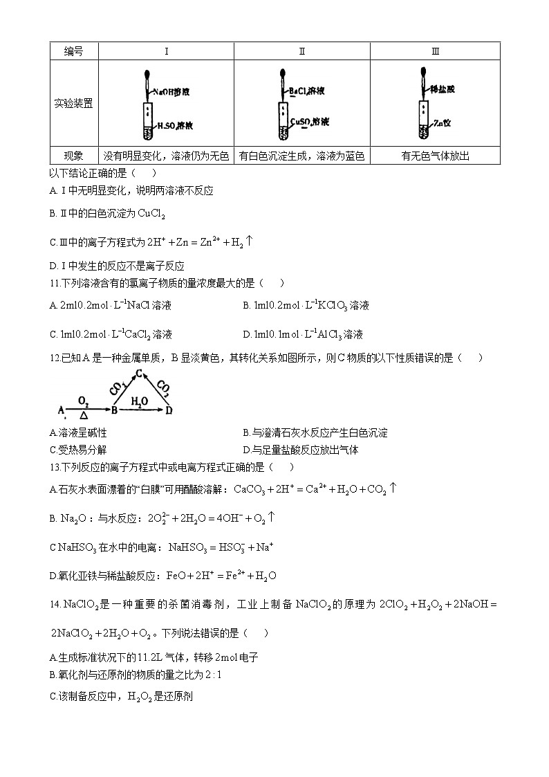 江苏省无锡市辅仁高级中学 2024-2025 学年高一上学期期中考试化学试卷(无答案)第3页