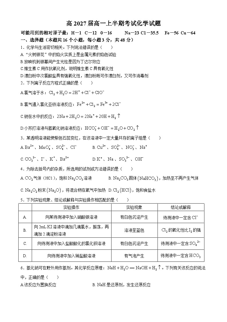 四川省广安市华蓥市华蓥中学2024-2025学年高一上学期11月期中化学试题01