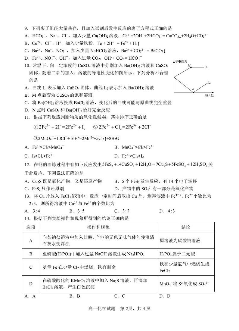 2024级高一第一学期阶段考试化学科试卷（卷模）第2页