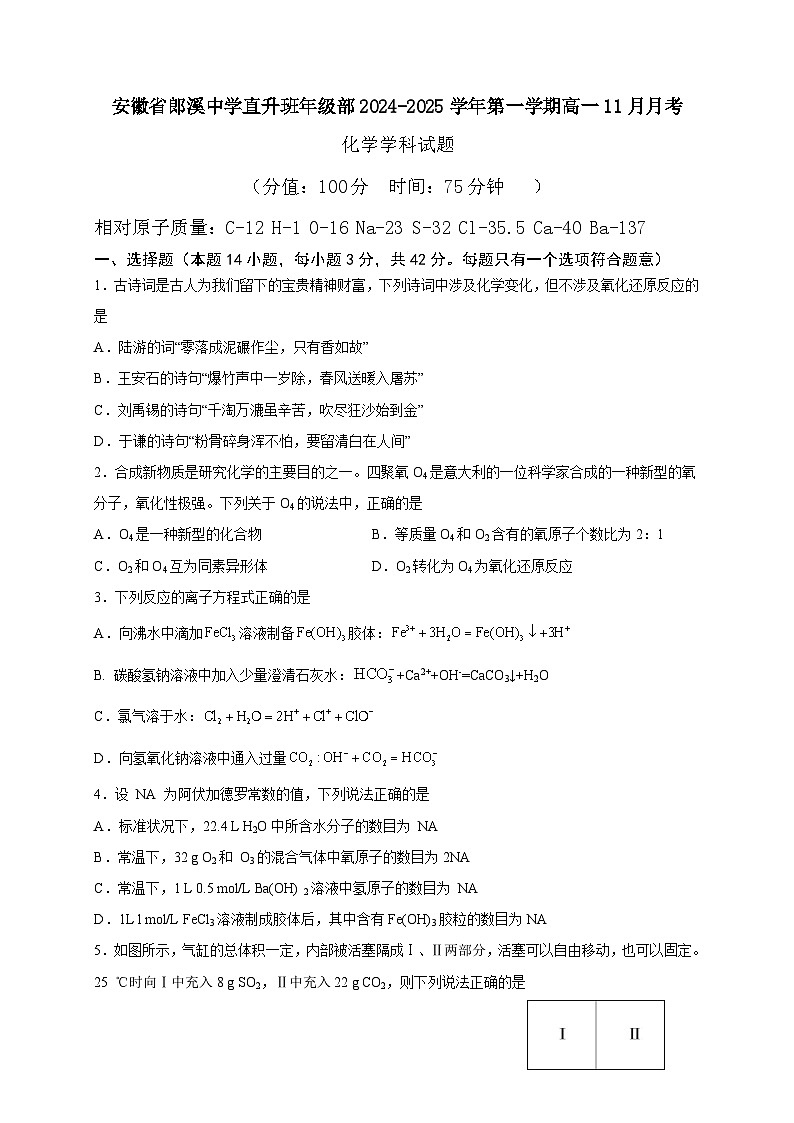 化学试卷--安徽省郎溪中学直升班年级部2024-2025学年第一学期高一11月月考第1页