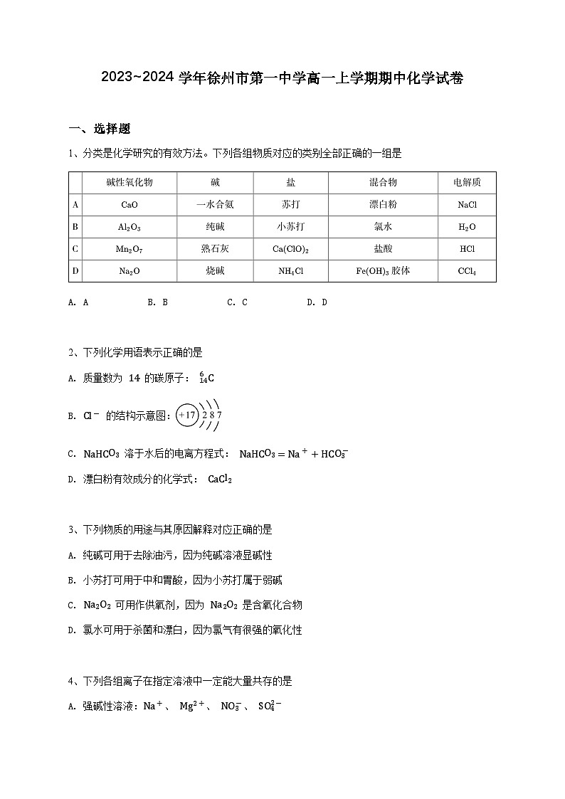 江苏省徐州市第一中学2023~2024学年高一上学期期中考试化学试卷（原卷版）第1页