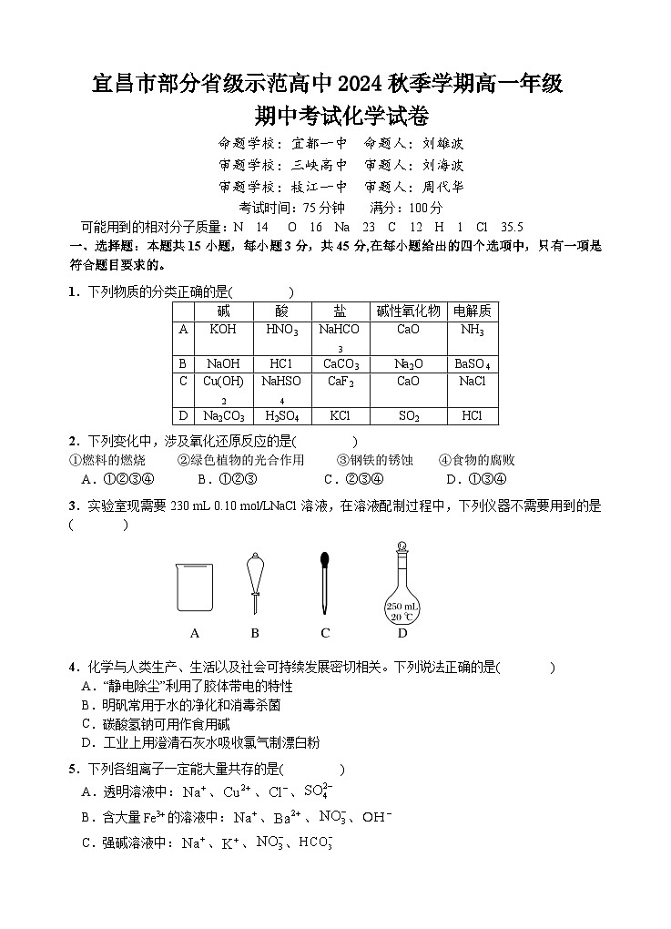 宜昌市部分省级示范高中2024秋季学期高一年级期中考试化学试卷第1页