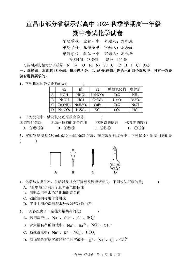 宜昌市部分省级示范高中2024秋季学期高一年级期中考试化学试卷第1页