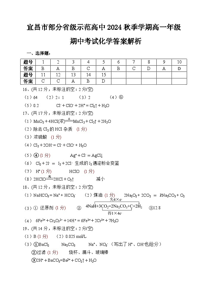 宜昌市部分省级示范高中2024秋季学期高一年级期中考试化学答案第1页
