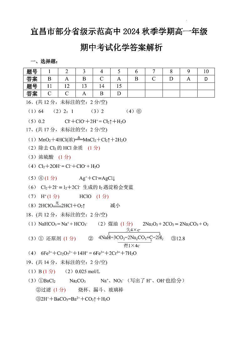 宜昌市部分省级示范高中2024秋季学期高一年级期中考试化学答案第1页