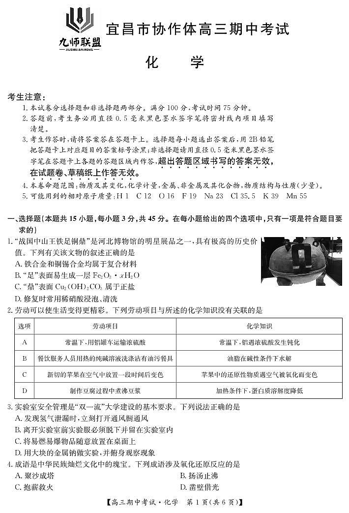 2025届湖北省九师联盟&宜昌协作体高三上学期11月考-化学试题+答案01