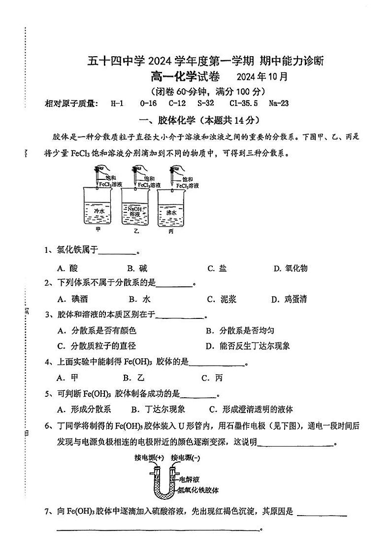 上海市五十四中学2024-2025学年高一上学期期中能力诊断化学试卷第1页