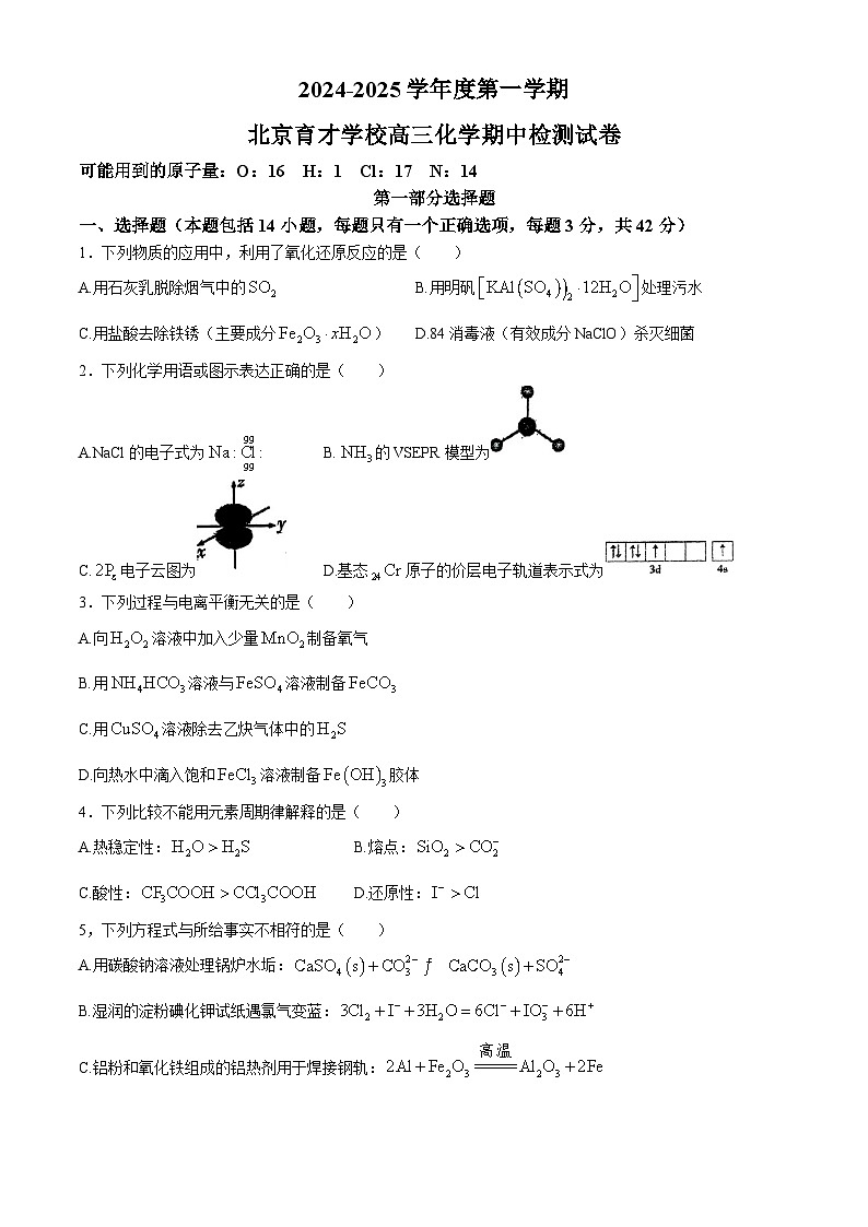 北京市育才学校2024-2025学年高三上学期期中检测化学试题(无答案)第1页