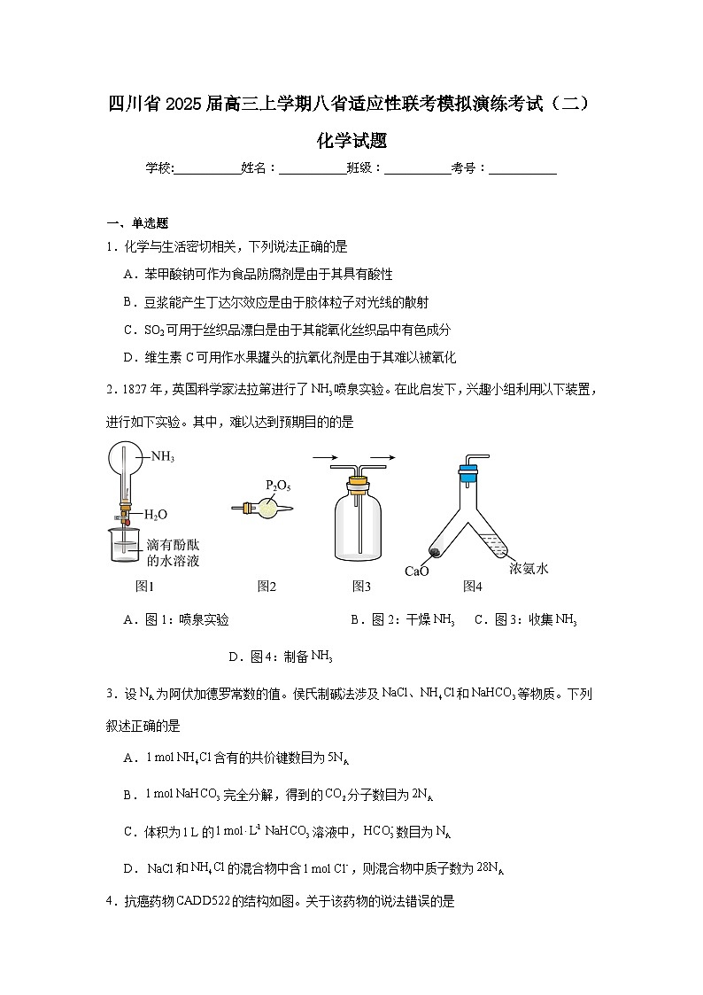 四川省2025届高三上学期八省适应性联考模拟演练考试（二）化学试题第1页