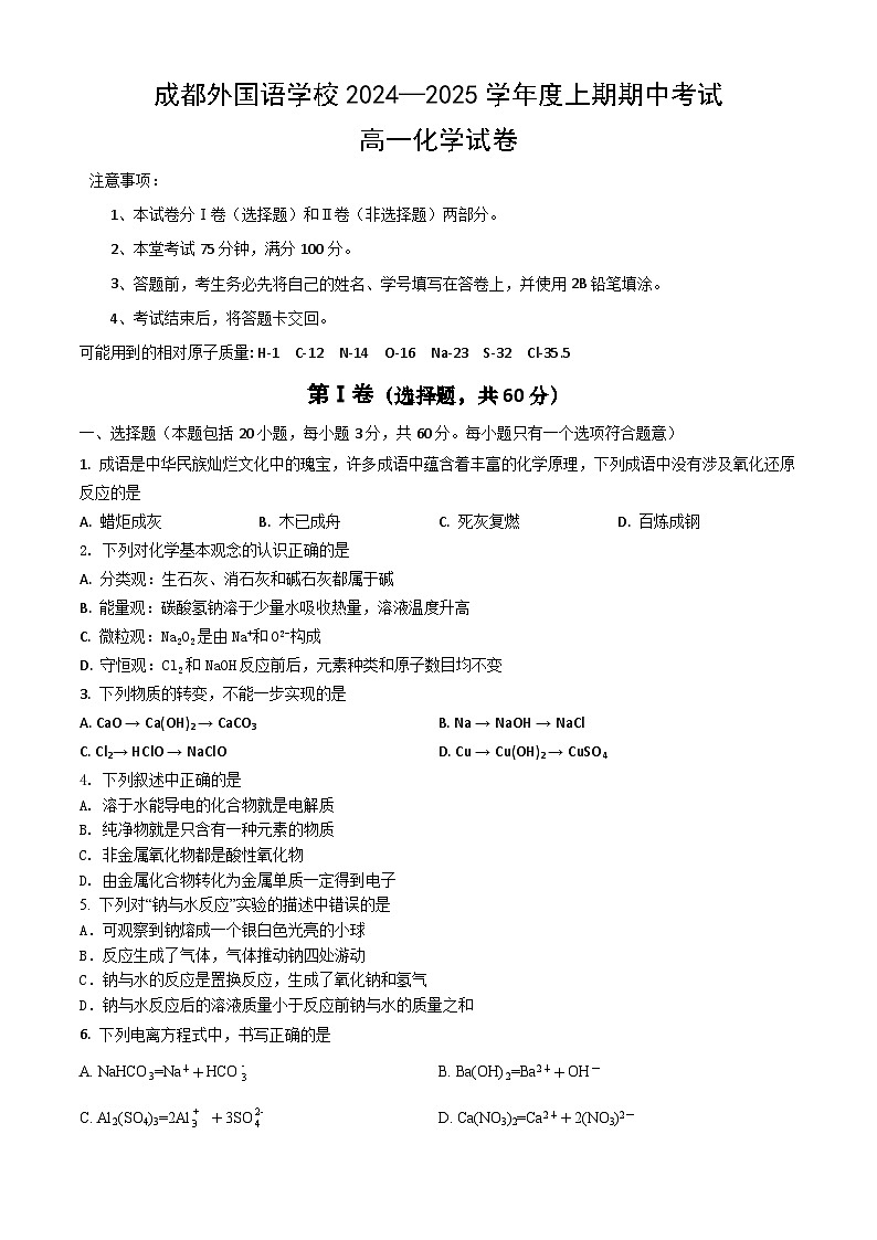成都外国语学校2024—2025学年期中考试（化学）第1页