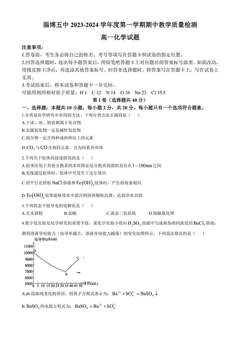 山东省淄博第五中学2024～2025学年高一(上)期中化学试卷(含答案)第1页