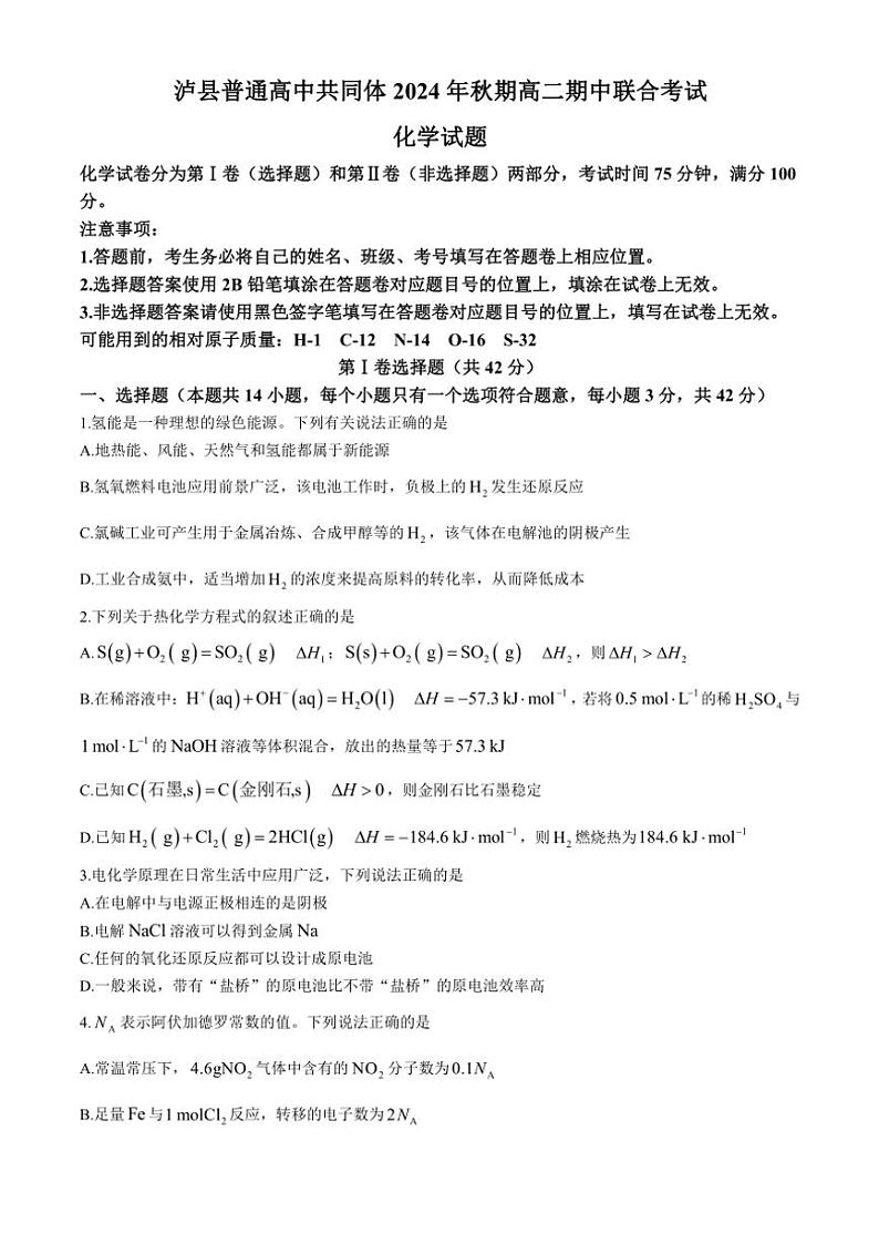 四川省泸州市泸县统一联合考试2024～2025学年高二(上)期中化学试卷(含答案)第1页