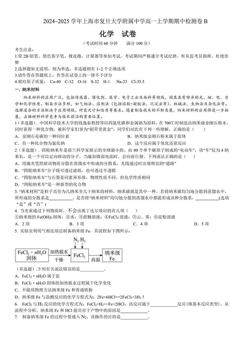 上海市复旦大学附属中学2024～2025学年高一(上)期中化学试卷(含答案)01