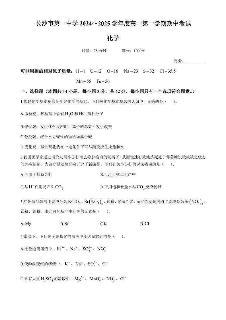 湖南省长沙市第一中学2024～2025学年高一(上)期中化学试卷(含答案)第1页