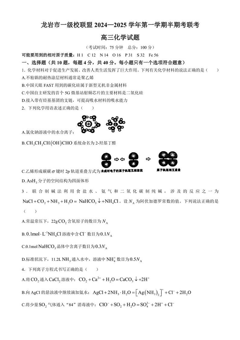福建省龙岩一级校联盟2024～2025学年高三(上)期中化学试卷(含答案)第1页