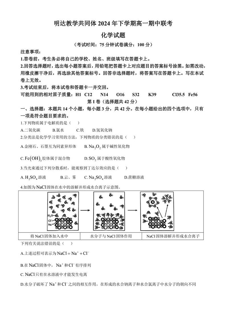 湖南省长沙市明达高级中学2024～2025学年高一(上)期中联考化学试卷(含答案)第1页