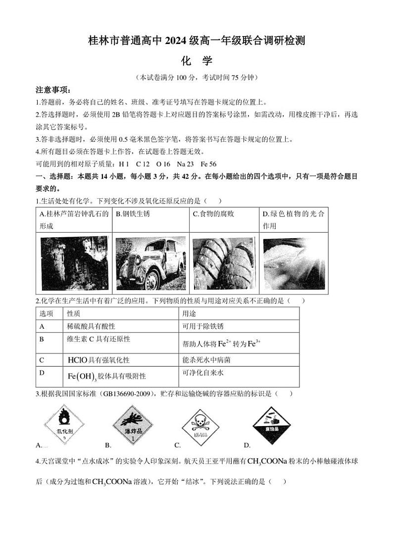 广西桂林市普通高中2024～2025学年高一(上)期中检测化学试卷(含答案)第1页