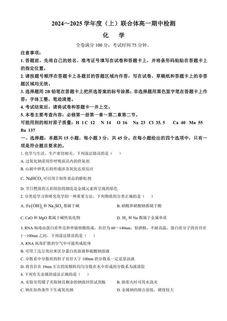 辽宁省沈阳市联合体2024～2025学年高一(上)期中化学试卷(含答案)第1页