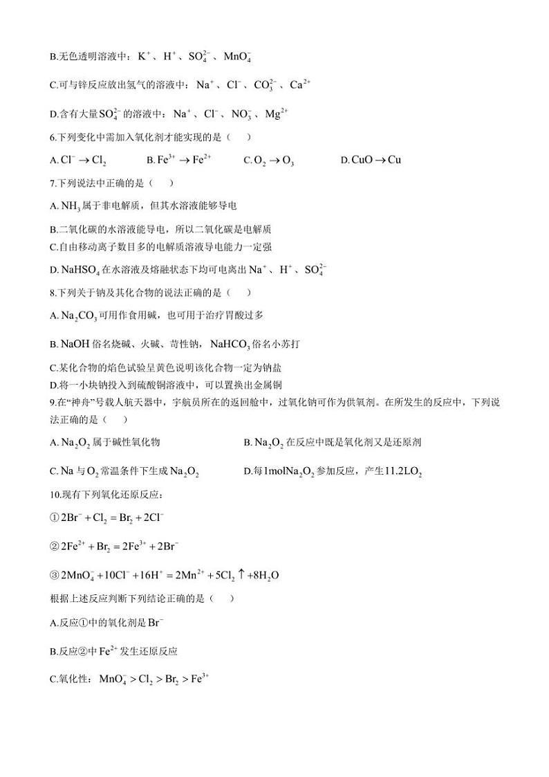 云南省开远市第一中学校2024～2025学年高一(上)10月检测化学试卷(含答案)第2页
