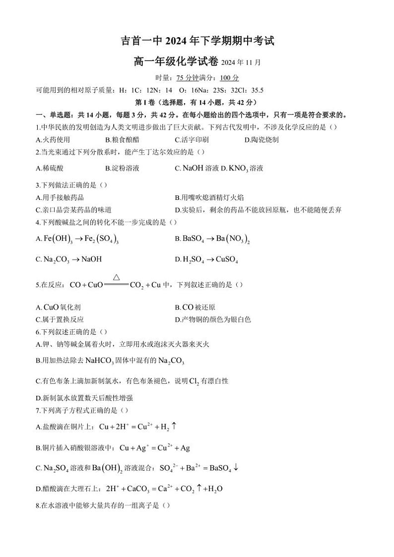 湖南省湘西土家族苗族自治州吉首市第一中学2024～2025学年高一(上)期中化学试卷(含答案)第1页
