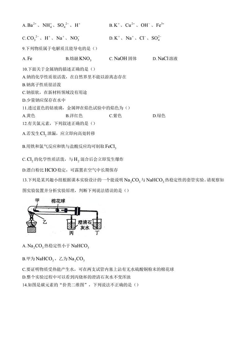 湖南省湘西土家族苗族自治州吉首市第一中学2024～2025学年高一(上)期中化学试卷(含答案)第2页
