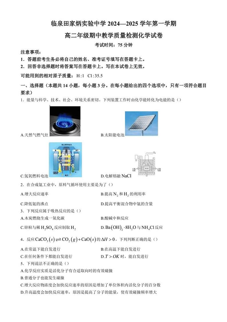 安徽省临泉田家炳实验中学2024～2025学年高二(上)期中化学试卷(含答案)第1页