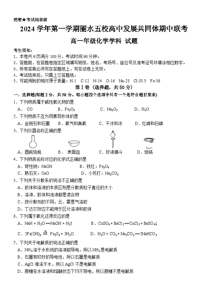 浙江省丽水市五校高中发展共同体2024-2025学年高一上学期11月期中联考化学试题 含答案第1页