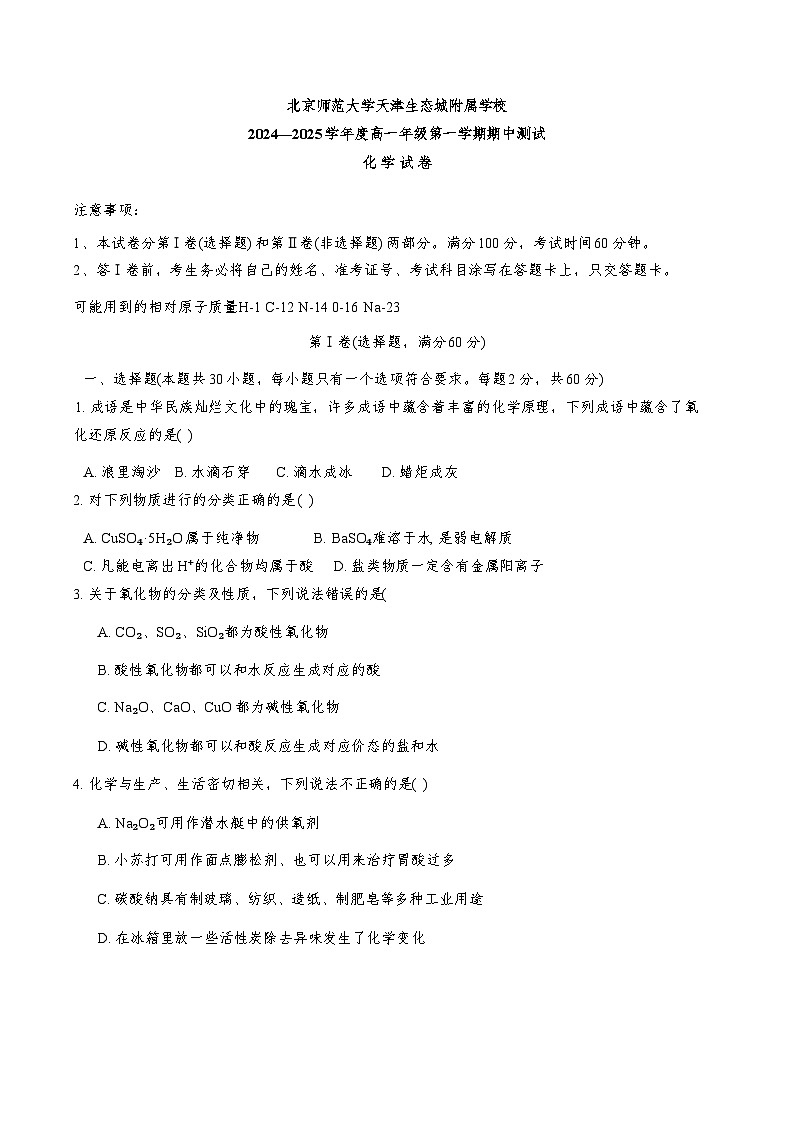 天津市北京师范大学天津生态城附属学校2024-2025学年高一上学期11月期中考试 化学试题第1页