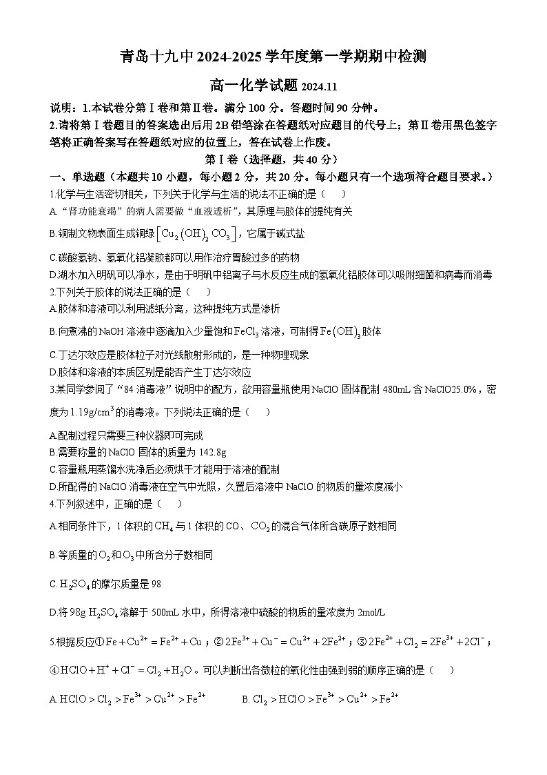 山东省青岛第十九中学2024-2025学年高一上学期期中考试 化学试题(无答案)第1页