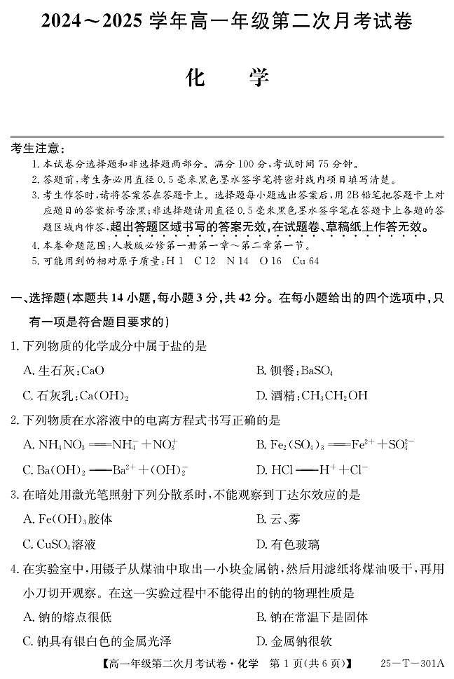 安徽省亳州市涡阳县2024-2025学年高一上学期11月第二次月考（期中）化学试题第1页