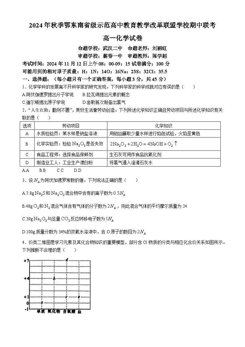 湖北省鄂东南省级示范高中教育教学改革联盟学校2024-2025学年高一上学期期中联考化学试卷（Word版附答案）第1页